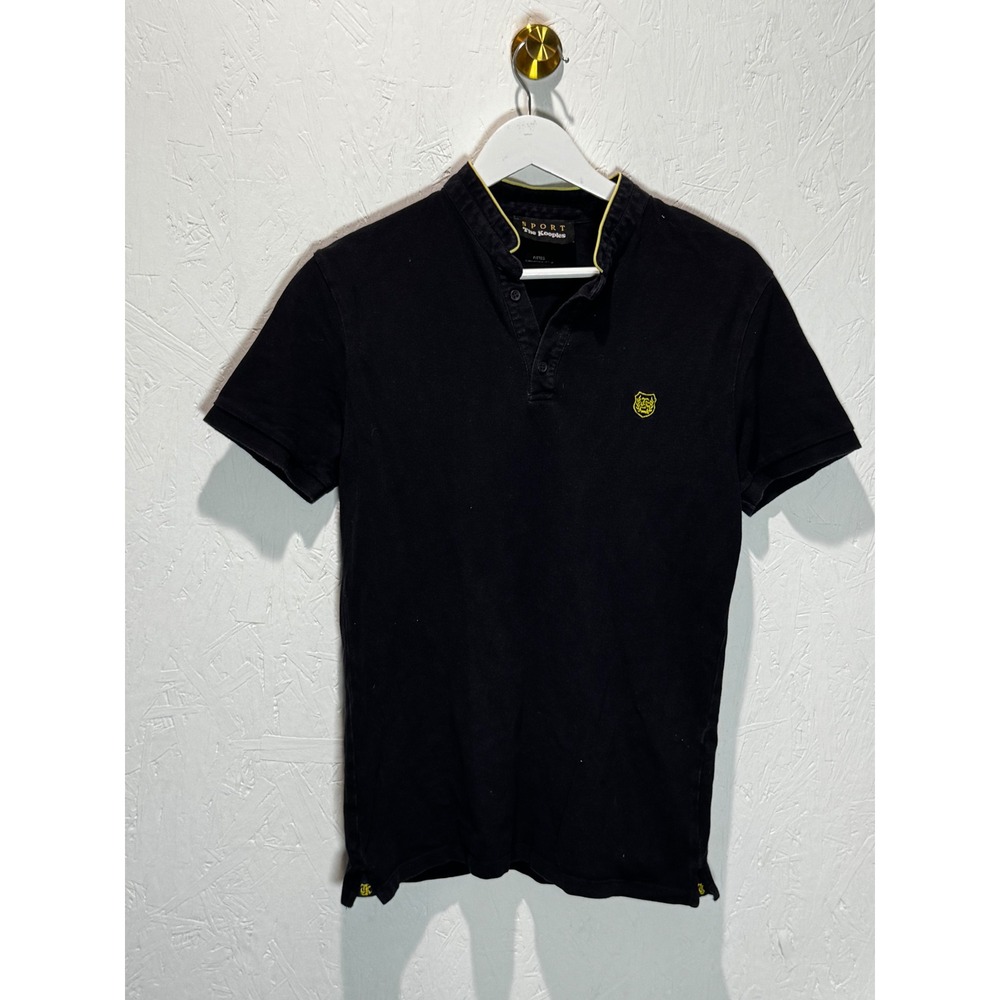 The Kooples Sport Mens Black Fitted Mandarin Collar Polo Shirt Yellow Trim Small